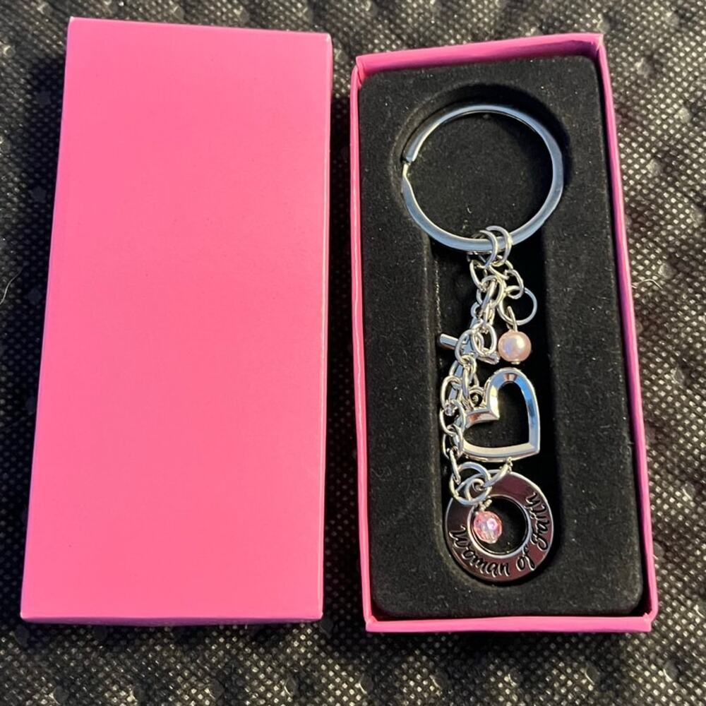 Women of Faith Keychain, Cross, Heart, Circle, pink stones Charms, New keyring
